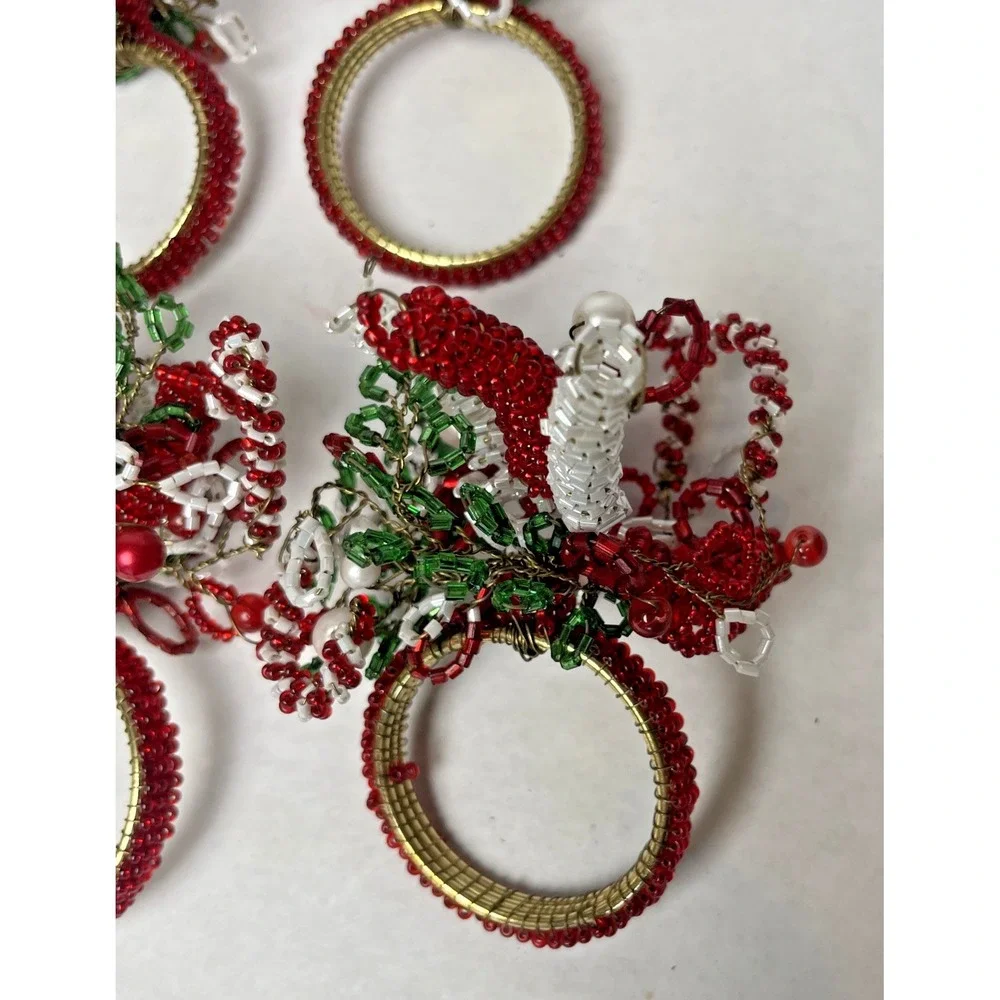 Beaded Holiday Christmas Napkin Ring Holders Set Of 6